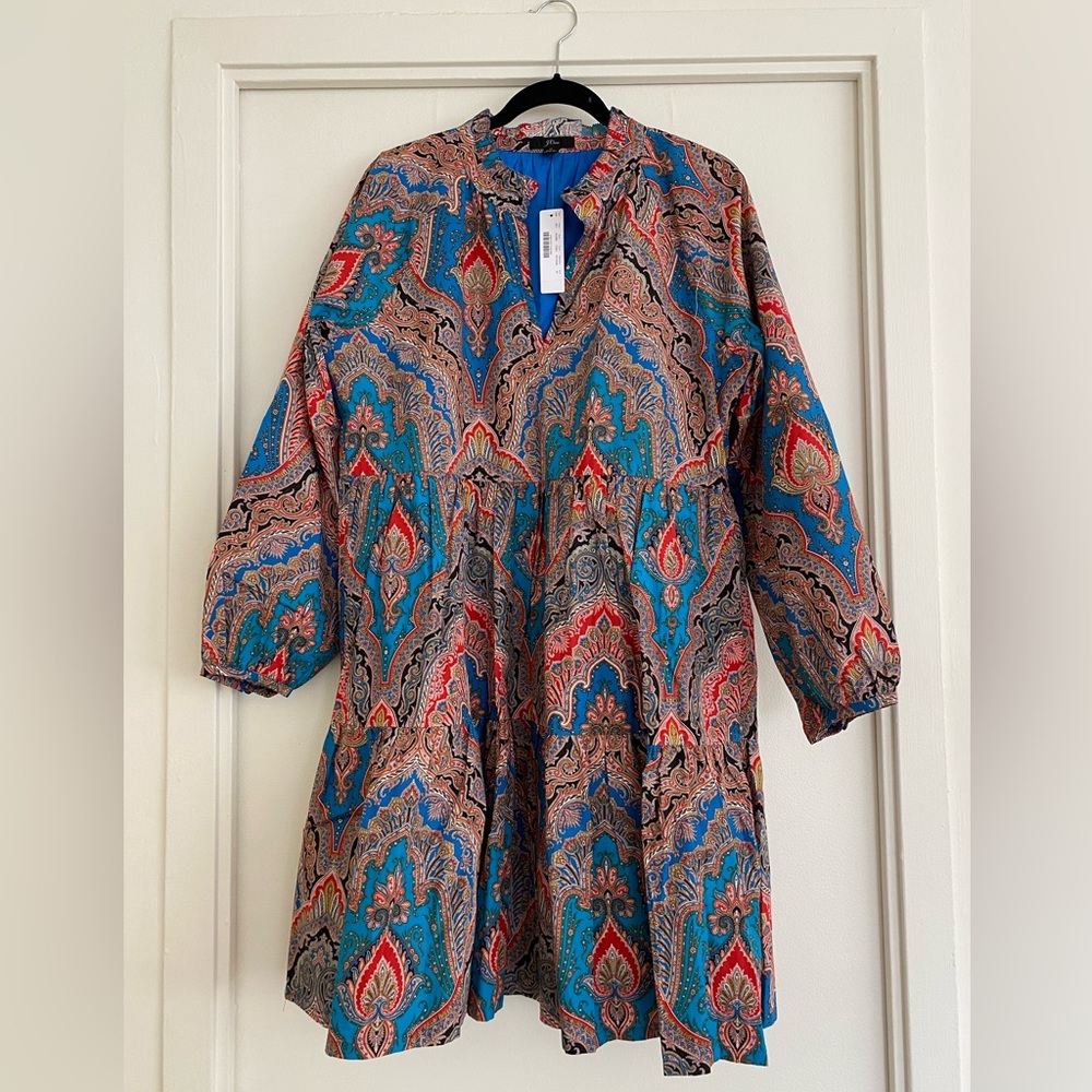 JCrew paisley tiered cotton dress with pockets - size Medium